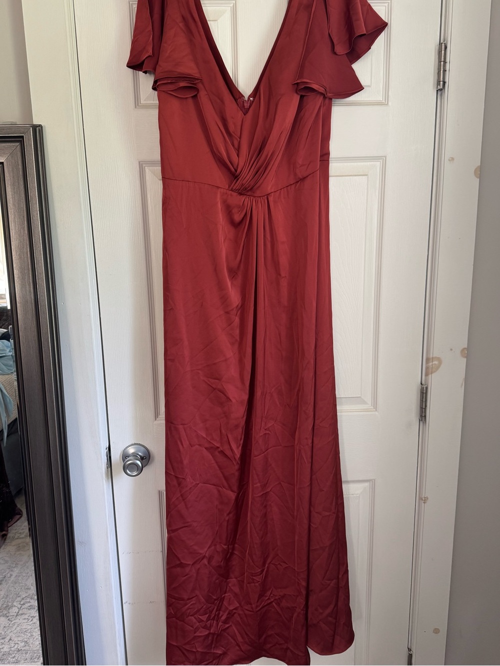 Azazie Rust V-Neck Flutter Sleeve Maxi Dress